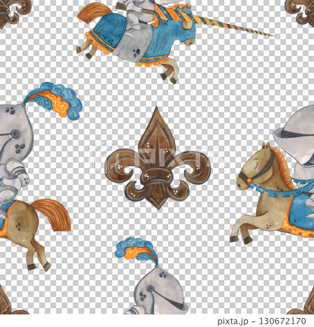 Seamless pattern medieval knights on horseback and heraldic lily, cartoon. Watercolor hand-drawn illustration. Drawing for paper, textile, cards, scrapbooking. History, tournament, battle, warrior 130672170