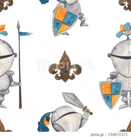 Seamless pattern medieval knights and fleur-de-lis, cartoon. Watercolor hand-drawn illustration. Drawing for paper, textile, cards, scrapbooking. History, tournament, battle, warrior, horse, armor 130672171
