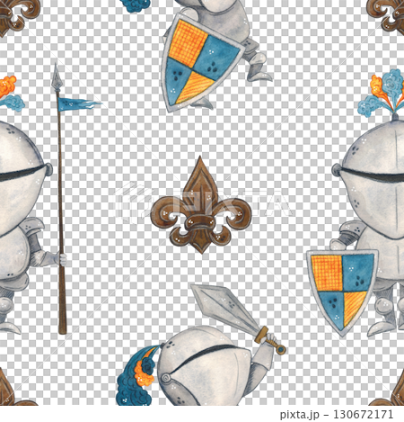 Seamless pattern medieval knights and fleur-de-lis, cartoon. Watercolor hand-drawn illustration. Drawing for paper, textile, cards, scrapbooking. History, tournament, battle, warrior, horse, armor 130672171