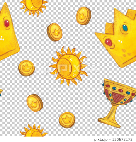 Seamless pattern of royal crown, golden cup and coins. Watercolor hand drawn illustration. Drawing for paper, textile, cards, scrapbooking. History, king, wealth, gold, power, kingdom 130672172