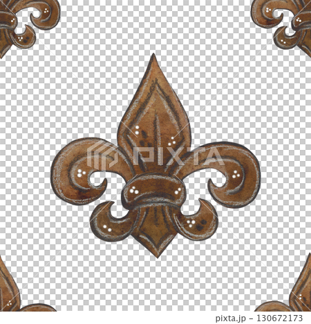 Seamless pattern of brown heraldic fleur-de-lis. Watercolor hand-drawn illustration. Drawing for paper, textile, cards, scrapbooking. History, tournament, battle, warrior, horse, armor 130672173