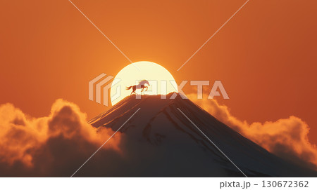 富士山の頂を駆ける干支の白馬と壮大な朝日 130672362
