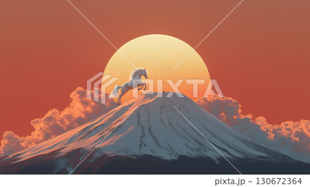 富士山の頂を駆ける干支の白馬と壮大な朝日 130672364