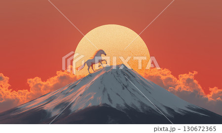 富士山の頂を駆ける干支の白馬と壮大な朝日 130672365