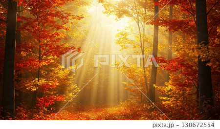 色とりどりの紅葉と木漏れ日 130672554