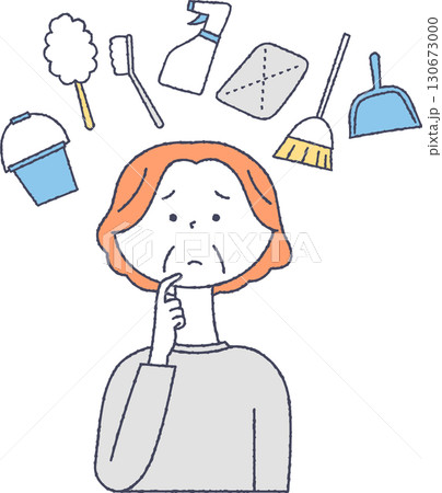 掃除に関して悩むシニア女性 掃除に関して悩むシニア女性 130673000