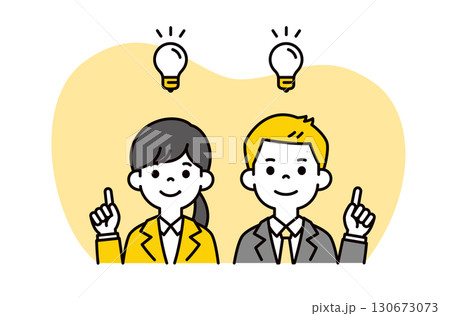 いいアイデアがひらめいた、就職活動をする男性と女性の上半身ビジネスイラスト素材＿ベクター 130673073