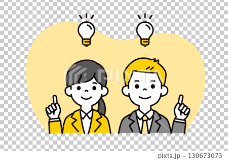 いいアイデアがひらめいた、就職活動をする男性と女性の上半身ビジネスイラスト素材＿ベクター 130673073