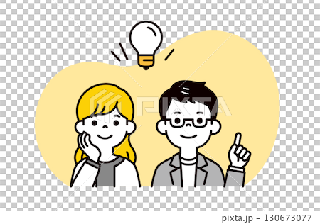 閃きを表す大きな電球と、いい案を思い付いた表情の若い夫婦・カップルの上半身イラスト素材 130673077