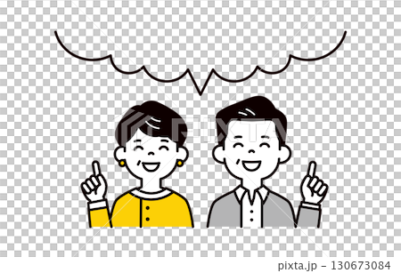 Vector illustration of upper body of men and women in their 40s and 50s giving advice with a big speech bubble and a smile Vector illustration of upper body of men and women in their 40s and 50s giving advice with a big speech bubble and a smile 130673084