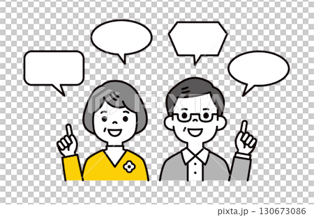 Various speech bubbles and a cute elderly couple explaining the points, upper body vector illustration 130673086
