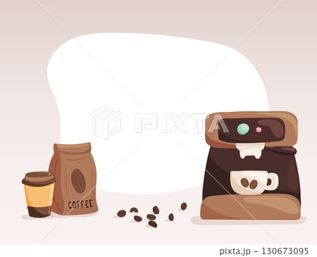 Coffee frame with machine bag cup and beans 130673095