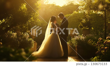 Couple exchanges vows during a romantic outdoor wedding ceremony in a lush garden at sunset Couple exchanges vows during a romantic outdoor wedding ceremony in a lush garden at sunset 130673133