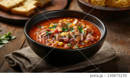 Flavorful chili con carne served in a rustic bowl with cornbread on the side 130673230