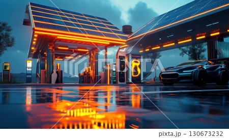 Futuristic electric charging station at dusk with glowing lights and modern vehicle parked nearby 130673232