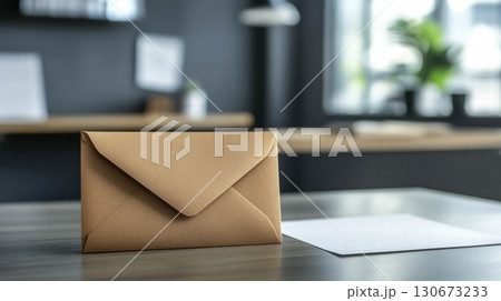 Brown envelope resting on a desk in a modern workspace with soft lighting and greenery 130673233