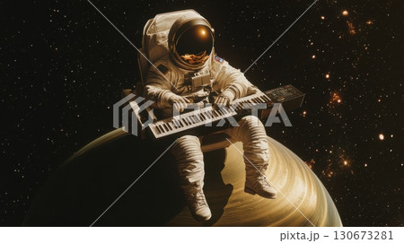 Astronaut playing keyboard while floating in space above a planet in a distant galaxy 130673281