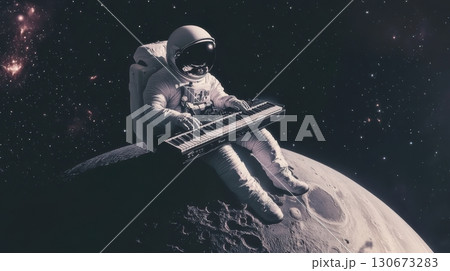 Astronaut playing keyboard on the moon under a starry sky in a surreal cosmic setting Astronaut playing keyboard on the moon under a starry sky in a surreal cosmic setting 130673283