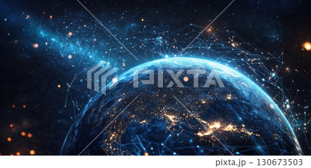 Exploring the vibrant connections of Earth illuminated by city lights in a cosmic setting Exploring the vibrant connections of Earth illuminated by city lights in a cosmic setting 130673503