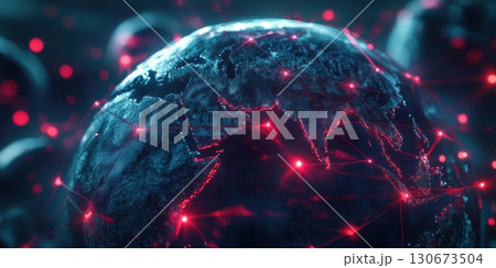 Global connectivity visualized with a dark, detailed world map and bright red network lines illuminating key regions of Asia and Europe 130673504