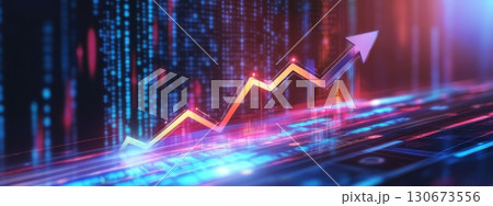 Business analytics visualization highlights upward trend on digital platform during evening hours showcasing growth potential 130673556
