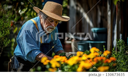 Elderly man tending to vibrant marigold flowers in a sunny garden during a warm afternoon 130673635