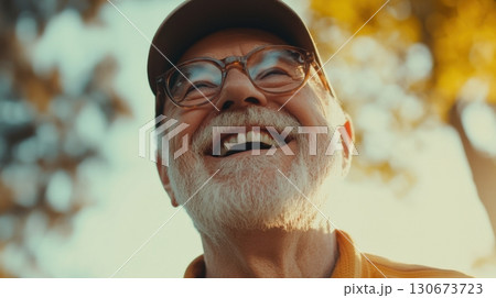 Elderly man enjoying sunlight outdoors with a joyful smile surrounded by nature in the afternoon Elderly man enjoying sunlight outdoors with a joyful smile surrounded by nature in the afternoon 130673723