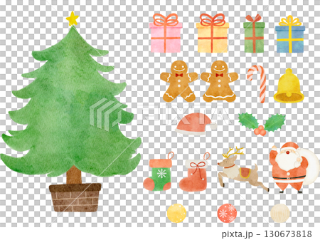 水彩で描いたクリスマスツリーのイラストセット 130673818