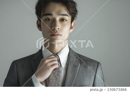 スーツ姿でネクタイを整える若い男性のポートレート写真 130673866