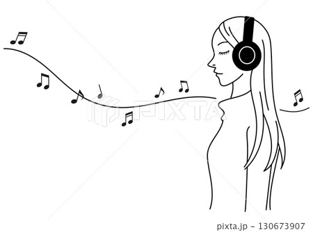 ワイヤレスヘッドホンで音楽を聴く若い女性の横顔のシンプルでスタイリッシュな線画 ワイヤレスヘッドホンで音楽を聴く若い女性の横顔のシンプルでスタイリッシュな線画 130673907