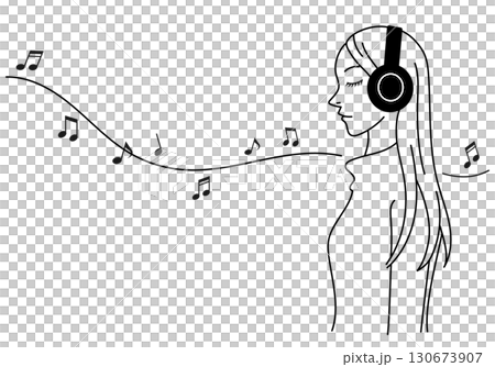 ワイヤレスヘッドホンで音楽を聴く若い女性の横顔のシンプルでスタイリッシュな線画 ワイヤレスヘッドホンで音楽を聴く若い女性の横顔のシンプルでスタイリッシュな線画 130673907