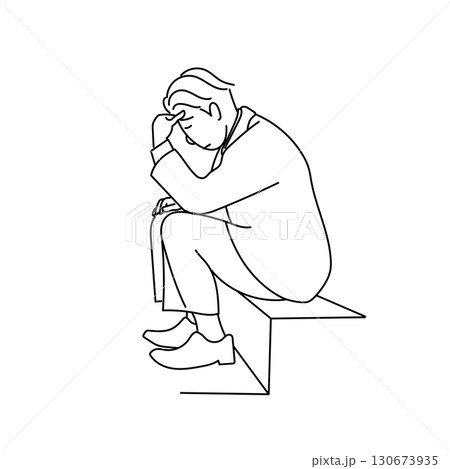 イラスト素材: 悩み落ち込むスーツ姿の男性ビジネスマンの線画 130673935