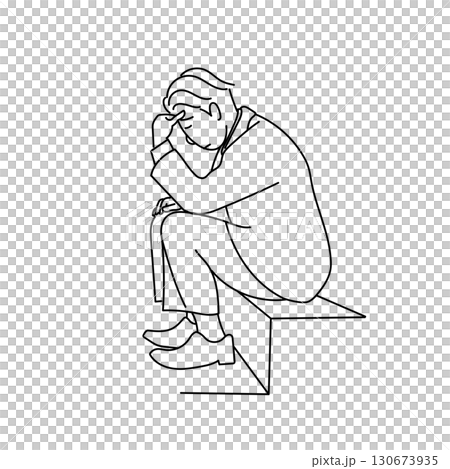イラスト素材: 悩み落ち込むスーツ姿の男性ビジネスマンの線画 130673935