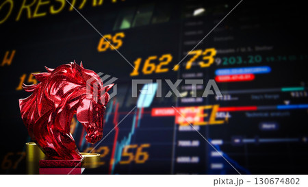 The Red Horse Bust and coins for Business concept 3d Rendering. 130674802