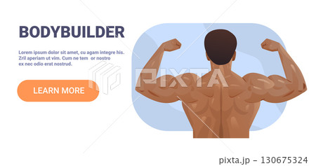 Bodybuilder flexing muscular back fitness strength healthy lifestyle male athlete showing muscles blue abstract background website banner Bodybuilder flexing muscular back fitness strength healthy lifestyle male athlete showing muscles blue abstract background website banner 130675324