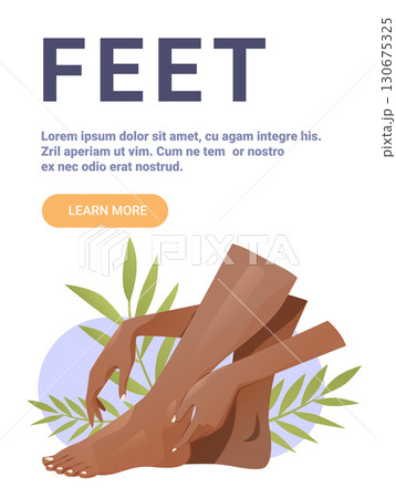 Feet care wellness hands touching legs tropical leaves flat color background website banner 130675325