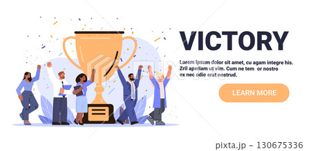 Victory celebration business team cheering trophy confetti teamwork achievement success concept office people blue background website banner Victory celebration business team cheering trophy confetti teamwork achievement success concept office people blue background website banner 130675336