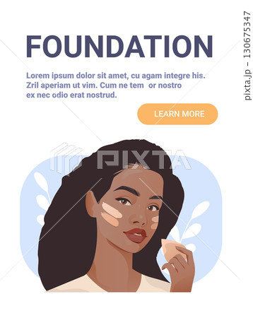 Foundation makeup application woman holding sponge testing skin tone swatches on face modern beauty skincare concept pastel background website banner Foundation makeup application woman holding sponge testing skin tone swatches on face modern beauty skincare concept pastel background website banner 130675347