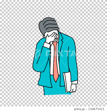 Stock Illustration: A male businessman in a suit covering his face with his hands and feeling depressed Stock Illustration: A male businessman in a suit covering his face with his hands and feeling depressed 130675421