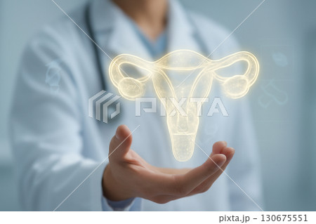 AI generated digital art of a futuristic medical visualization a holographic uterus held by a doctor. 3D model highlights intricate details of the reproductive system in a modern medical setting. 130675551