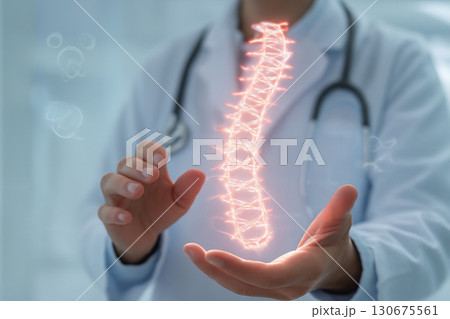 AI generated medical expert interacting with a glowing holographic spine. This futuristic medical technology represents the future of healthcare with digital interfaces advanced holographic displays. 130675561