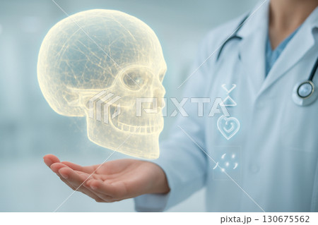 AI generated futuristic medical scene featuring a glowing holographic skull analyzed by a medical professional with digital data icons, symbolizing advanced healthcare technology and AI integration. 130675562