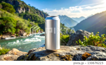 Empty Can on Rocks with Mountain and Stream View Empty Can on Rocks with Mountain and Stream View 130676223