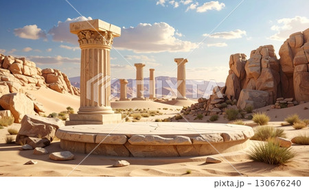 Ancient ruins of a Roman temple with standing columns against the sky 130676240