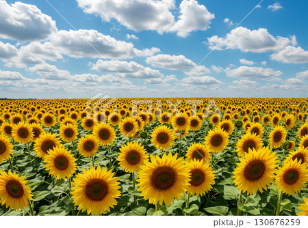 青空と雲の下に広がるひまわり畑   130676259