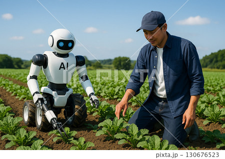 農作業をしているAIロボットと人間の協働 130676523