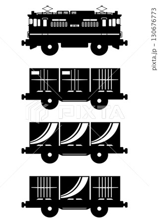 おもちゃ風EF65形電気機関車とコンテナのシルエットイラストセット 130676773