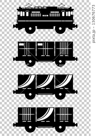 おもちゃ風EF65形電気機関車とコンテナのシルエットイラストセット 130676773