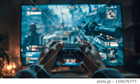 Gamer playing first person shooter video game with controller on computer 130676777