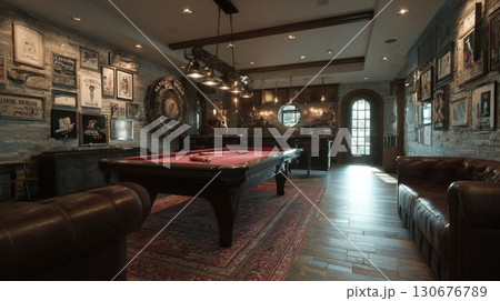 Elegant billiard room with fireplace and leather sofa in rustic cabin 130676789